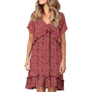 V-Neck Short Sleeve Ruffle Print Swing Dress